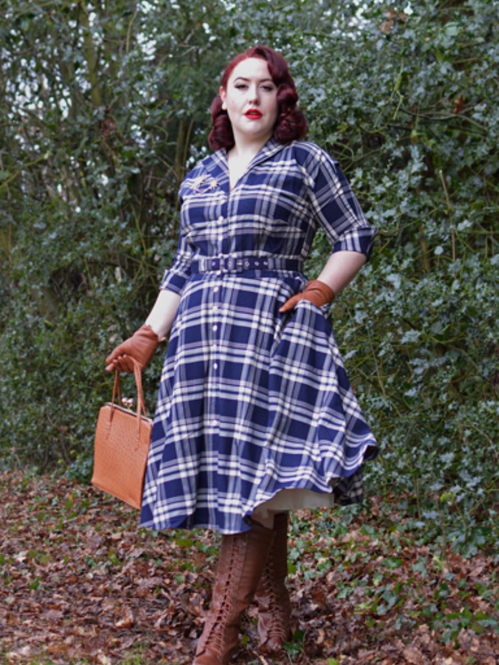 Unique Vintage Navy and White Plaid Midi Shirt Dress with Belt